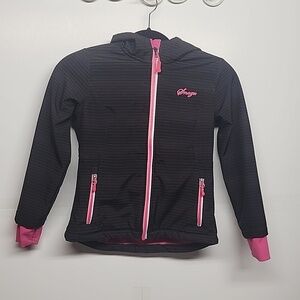 Snozu sz 7/8 kids black w/pink&white long sleeve hooded warm jacket.